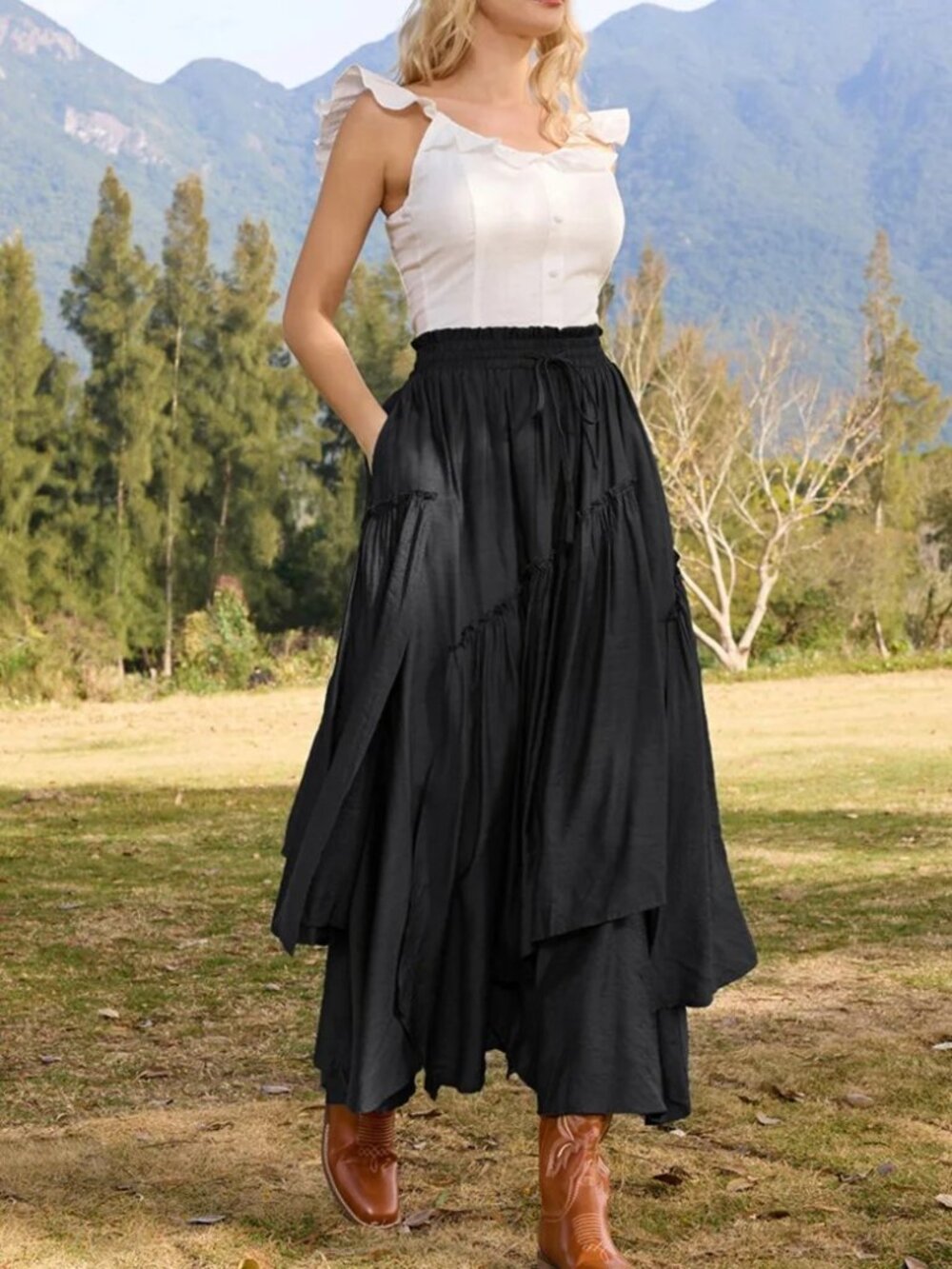 New Overlay Drawstring Waist Irregular Hem Renaissance Skirt
